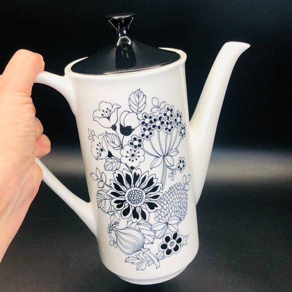 60s Grindley MANITOU Mod Black White Coffee Chocolate Pot Flower Power Ironstone - Picture 8 of 11